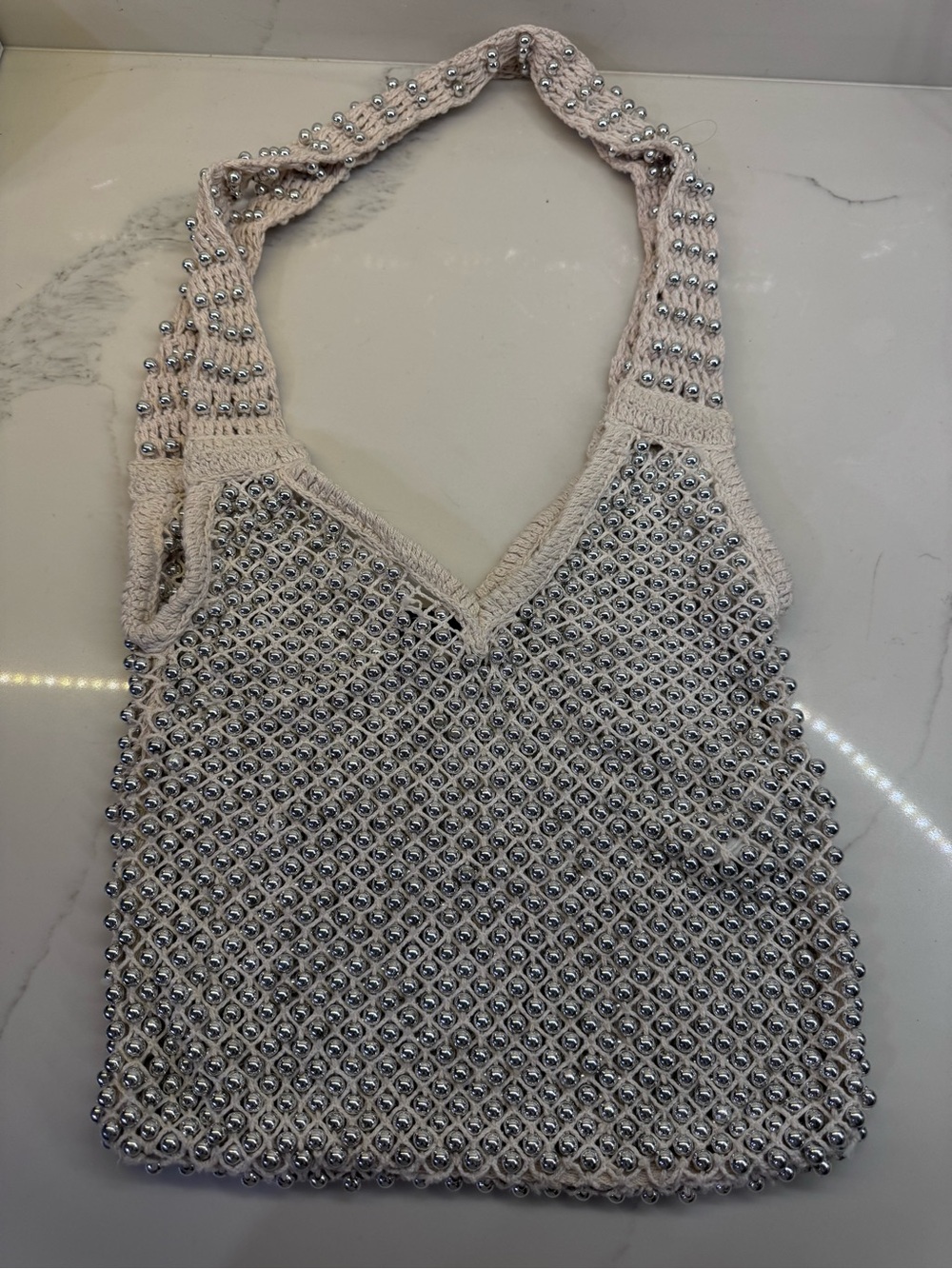 Zara Beaded Knit Shoulder Bag in Cream with Silver Accents - New